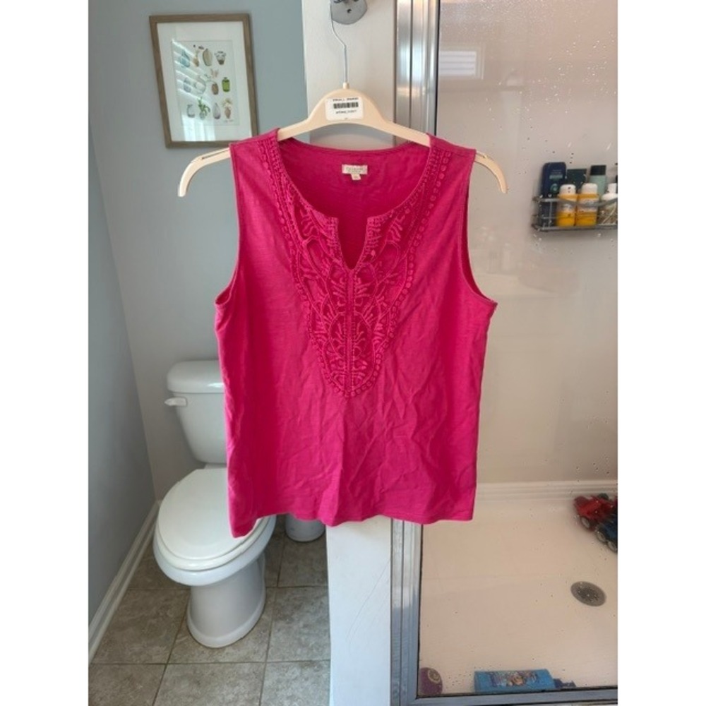 Talbots Petites Pink Embroidered Cotton Sleeveless Top MP Boho Crochet Slub Tank
